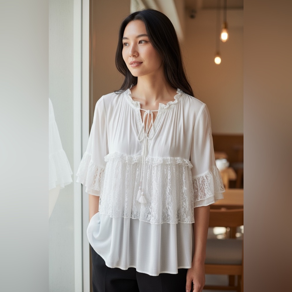 POL Lace Ruffled Peasant Blouse - Picture 1 of 13